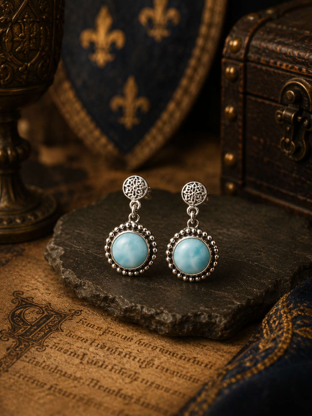 Boucles d'oreille rondes larimar et argent