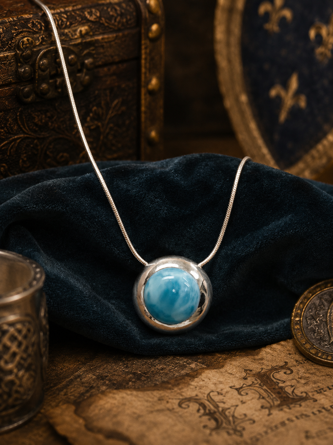 Pendentif rond en argent et larimar