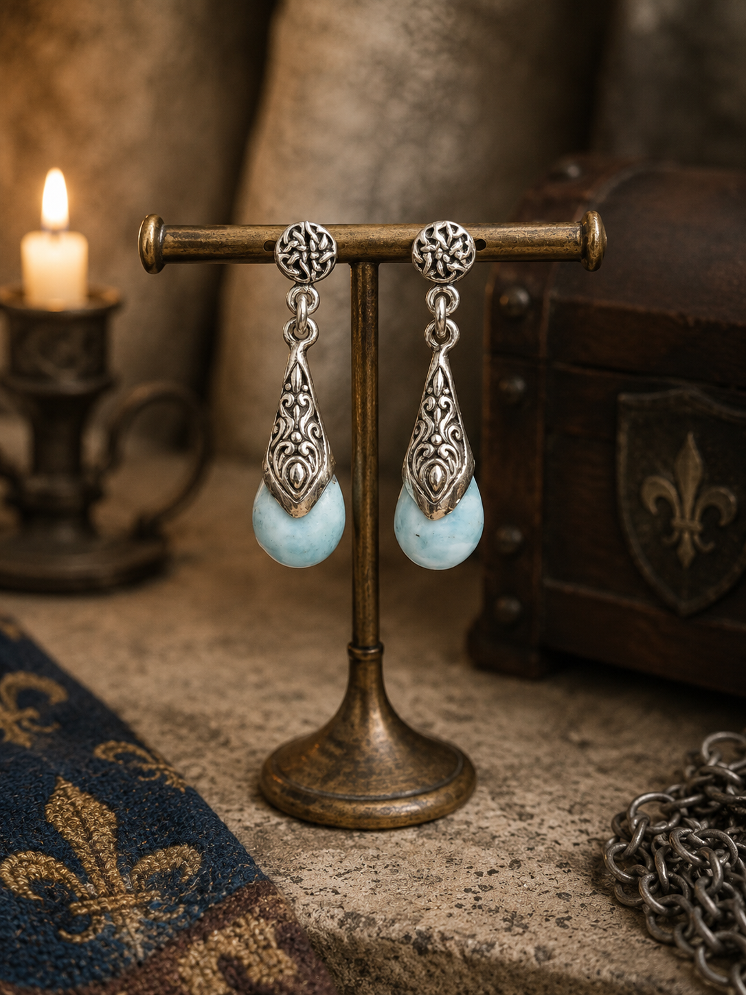 Boucles d'oreilles arabesques argent et larimar