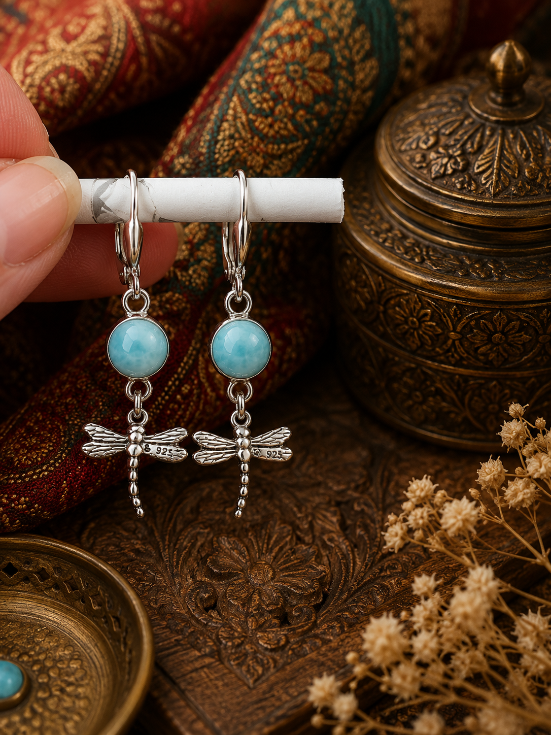 Boucles d'oreilles larimar et libellule