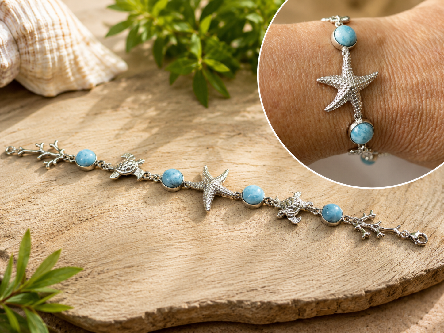 Bracelet Étoile de Mer & Tortues en Larimar – Argent 925