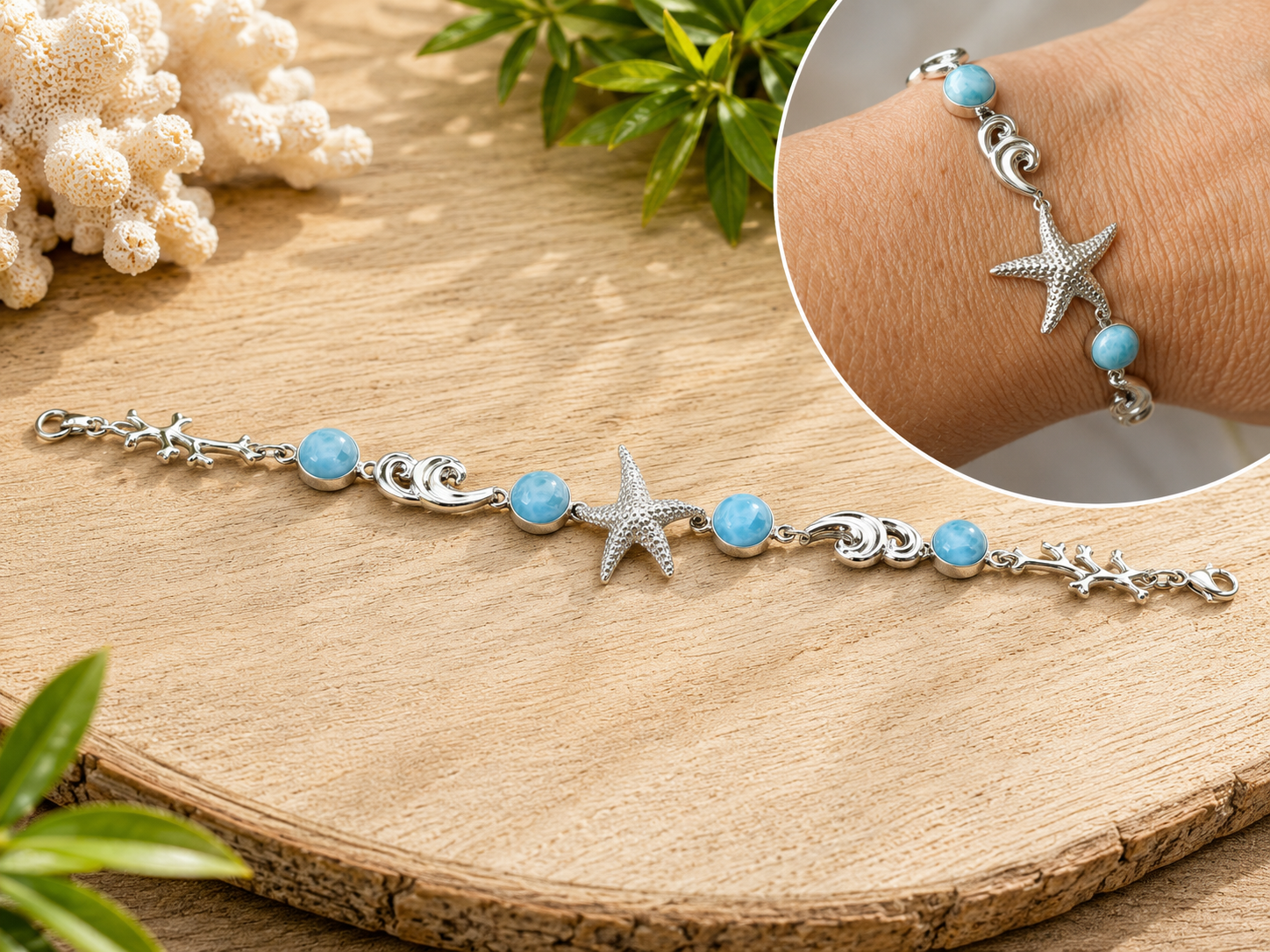 Bracelet Étoile de Mer, Vagues & Larimar – Argent 925