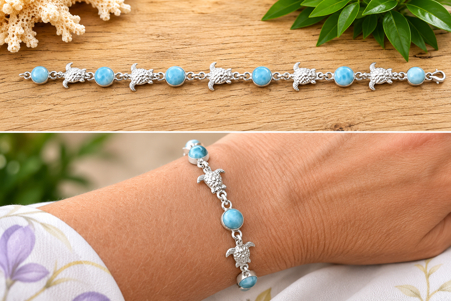 Bracelet petites Tortues Marines en Larimar – Argent 925