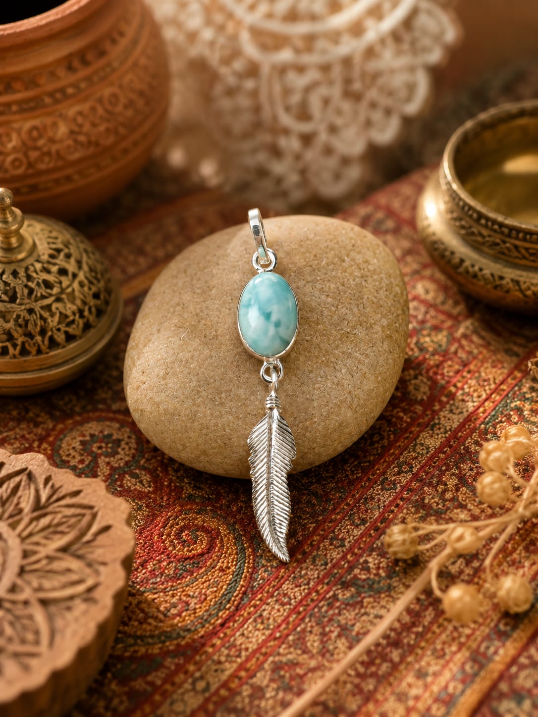 Pendentif Plume Amérindienne en Larimar – Argent 925