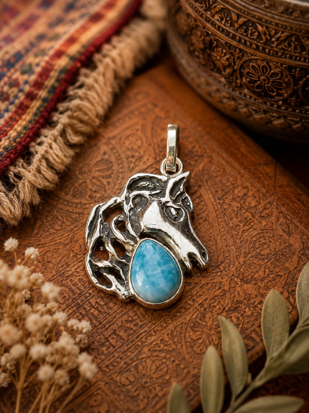 Pendentif Tête de Cheval en Larimar – Argent 925