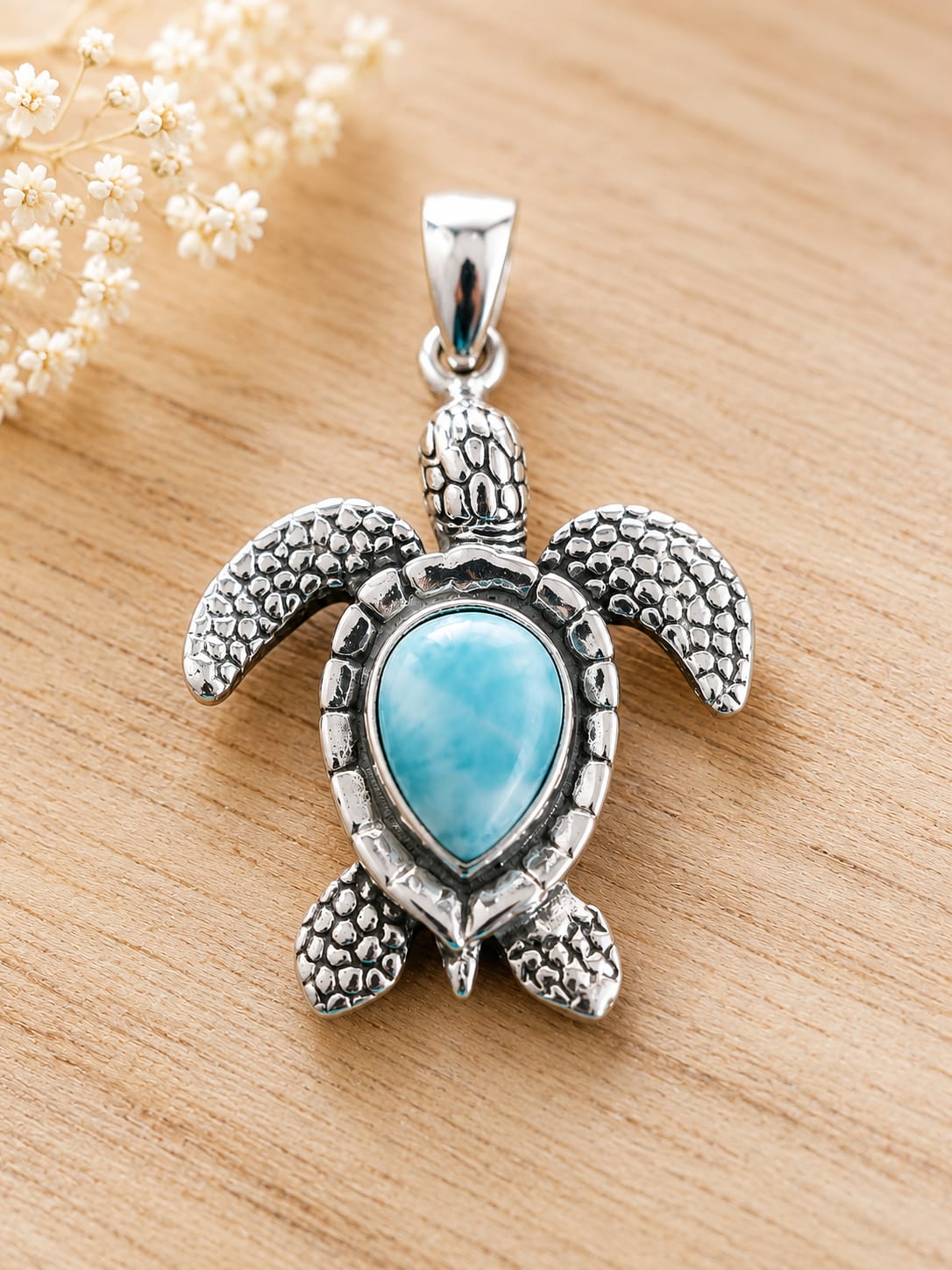 Pendentif Grande Tortue Marine en Larimar – Argent 925
