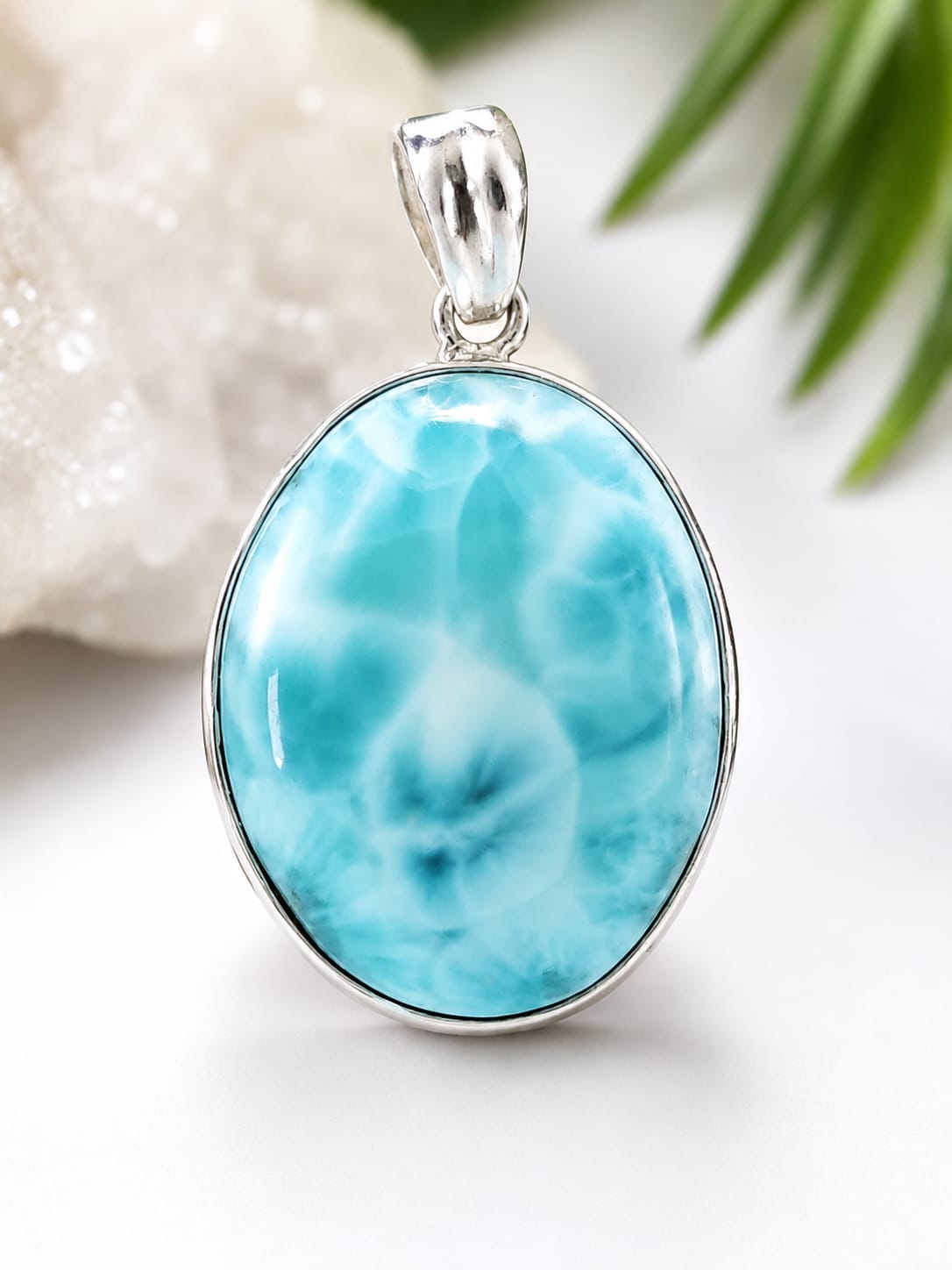 Grand pendentif ovale en Larimar – Argent 925