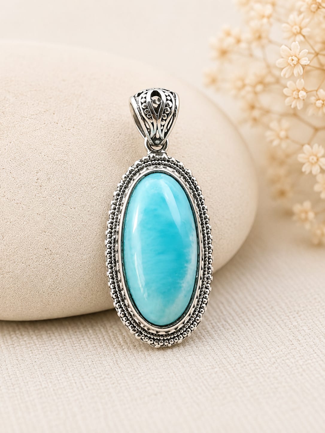 Pendentif ovale en Larimar, Argent 925