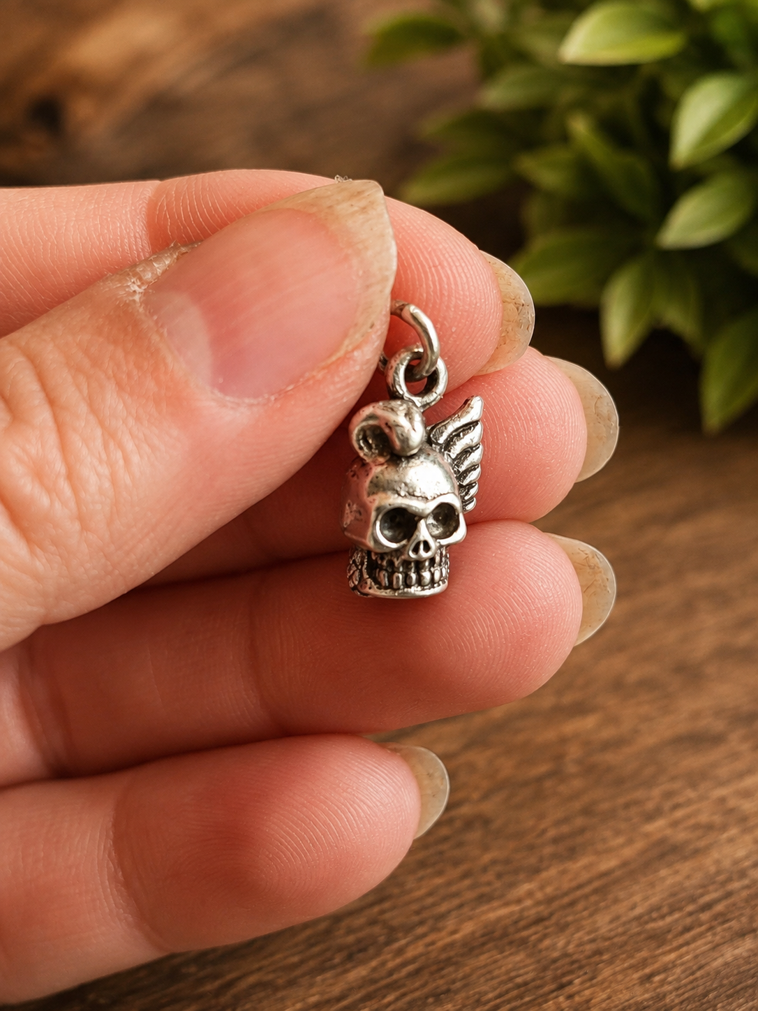 Pendentif crâne ailé et serpent en argent