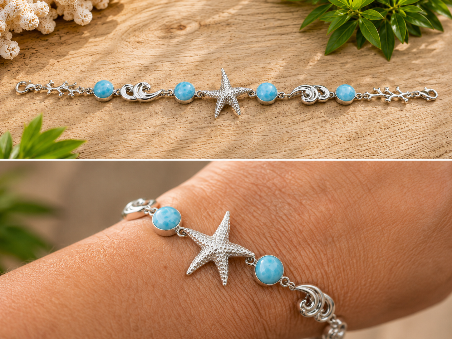 Bracelet Étoile de Mer, Vagues & Larimar – Argent 925