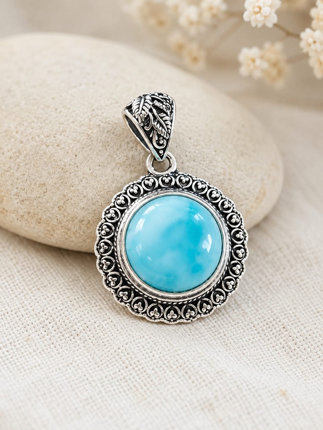 Pendentif rond en Larimar – Argent 925