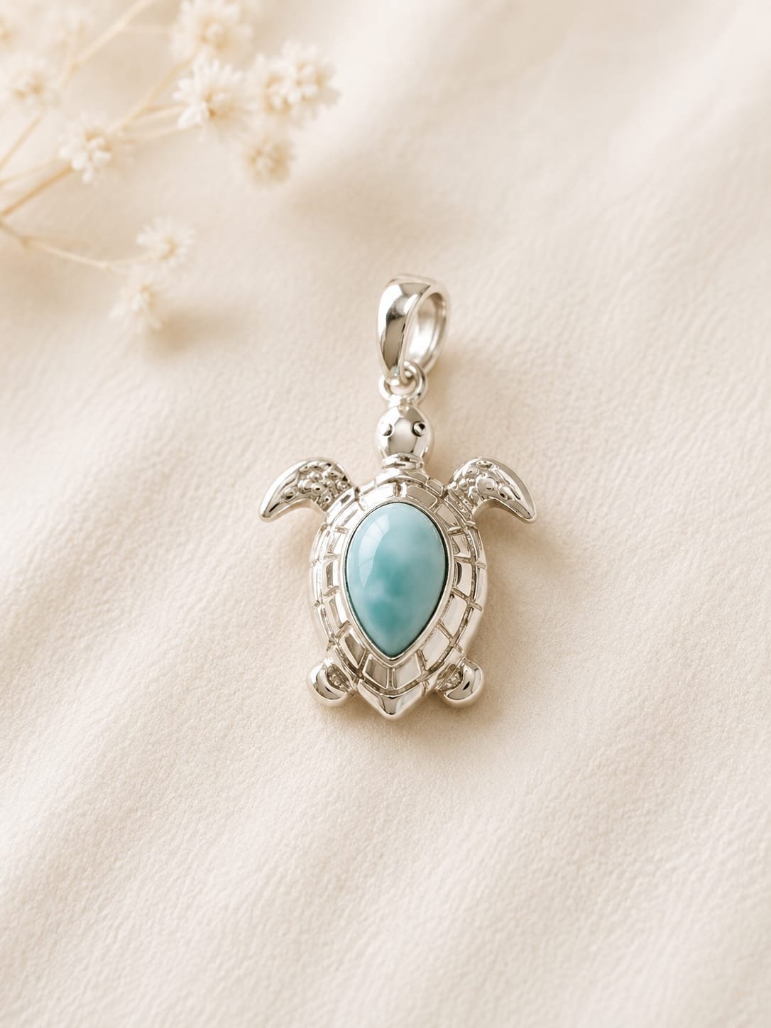 Tortue marine larimar et argent, pendentif