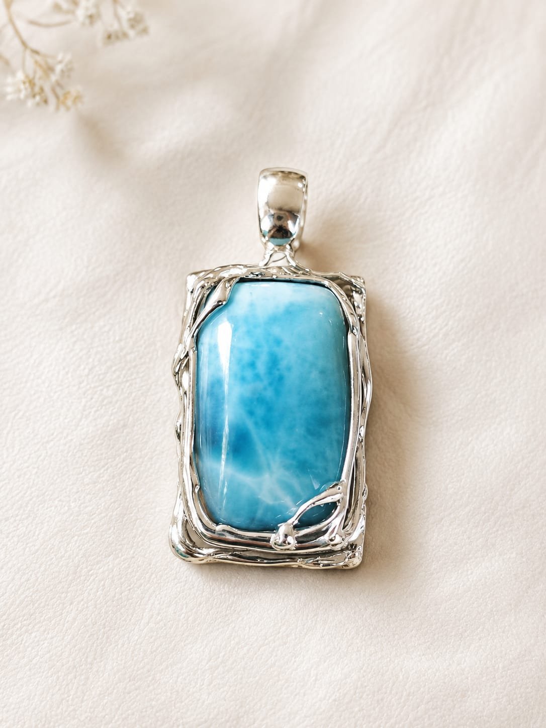 Pendentif Rectangulaire en Larimar – Pièce Unique –arrgent 925