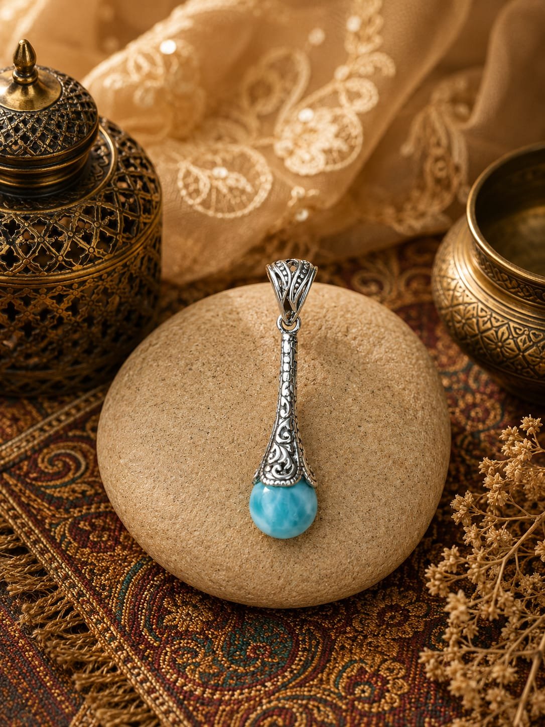 Pendentif Goutte d'arabesques en Larimar – Argent 925