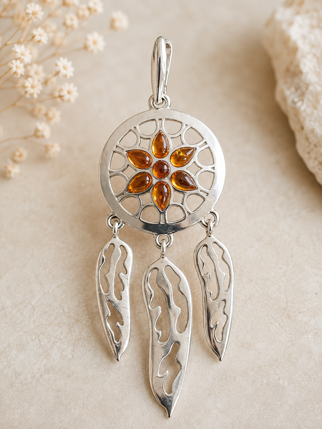 Pendentif Attrape-rêves en Ambre et Argent