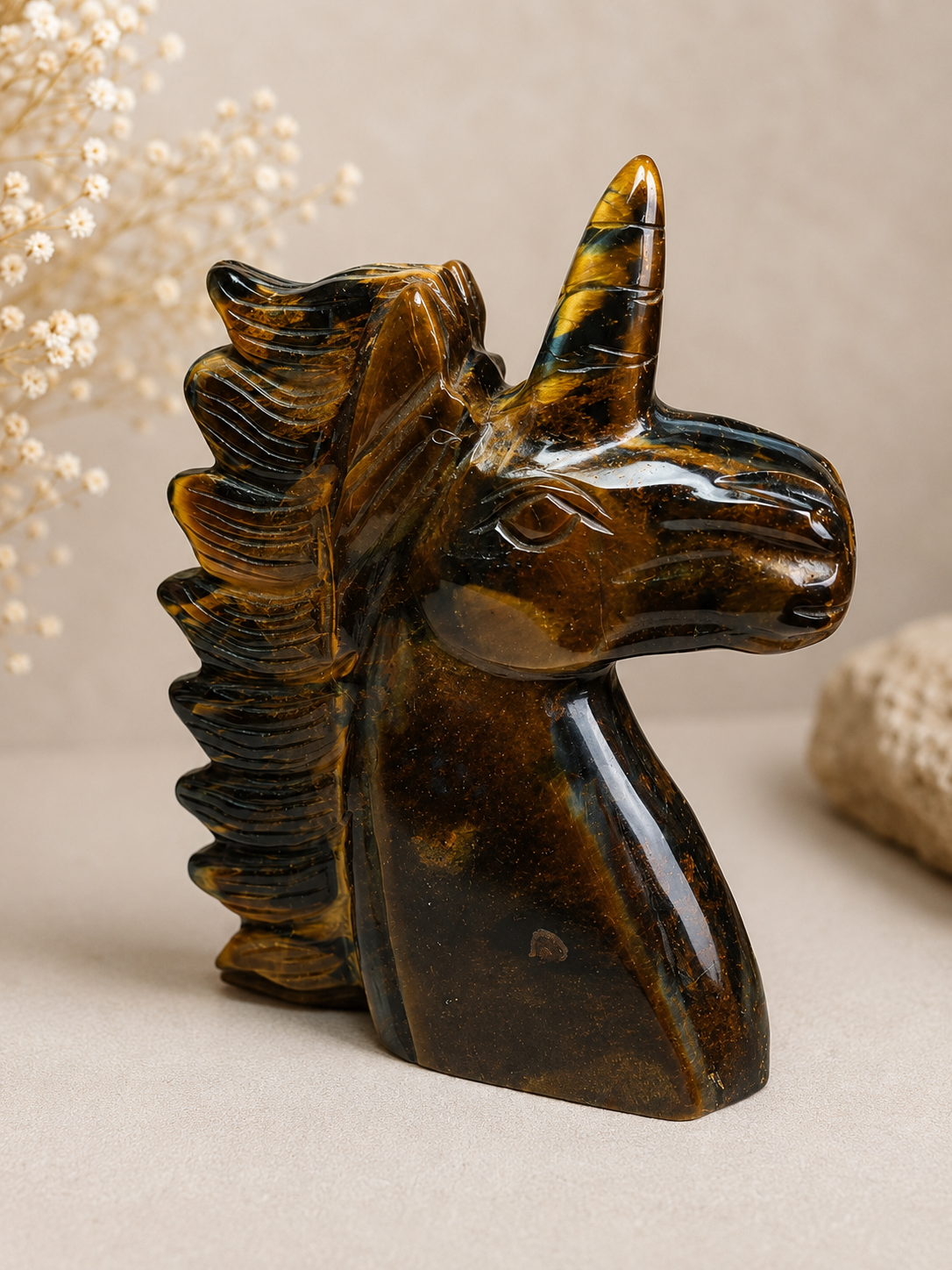 Licorne - Cheval en Oeil de Tigre & oeil de faucon