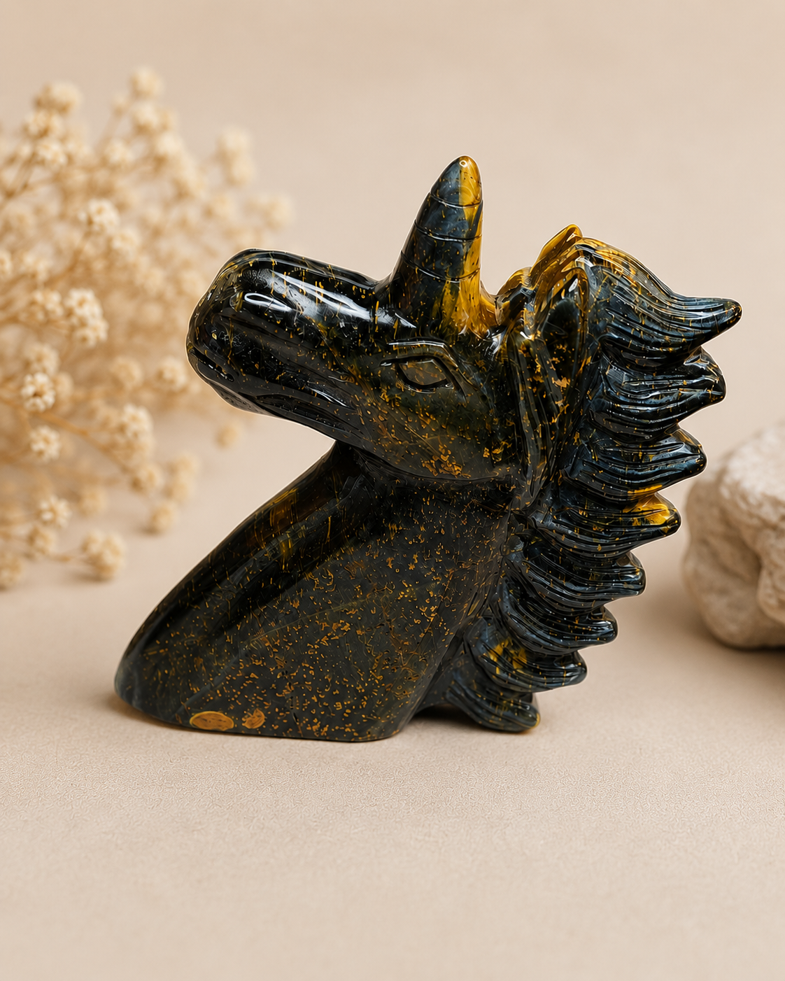 Licorne - Cheval en Oeil de Tigre & oeil de faucon