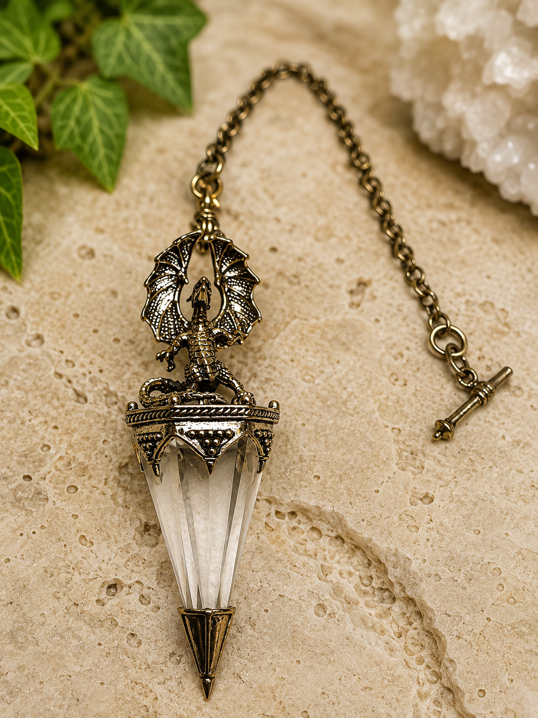 Pendule d’exception Dragon en argent et cristal de roche