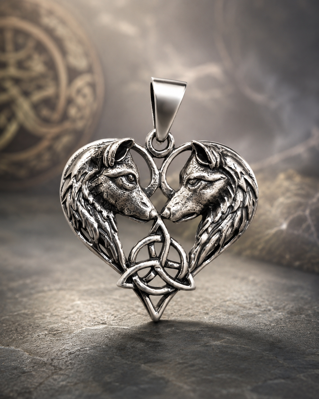 Pendentif en argent représentant têtes de loup & cœur