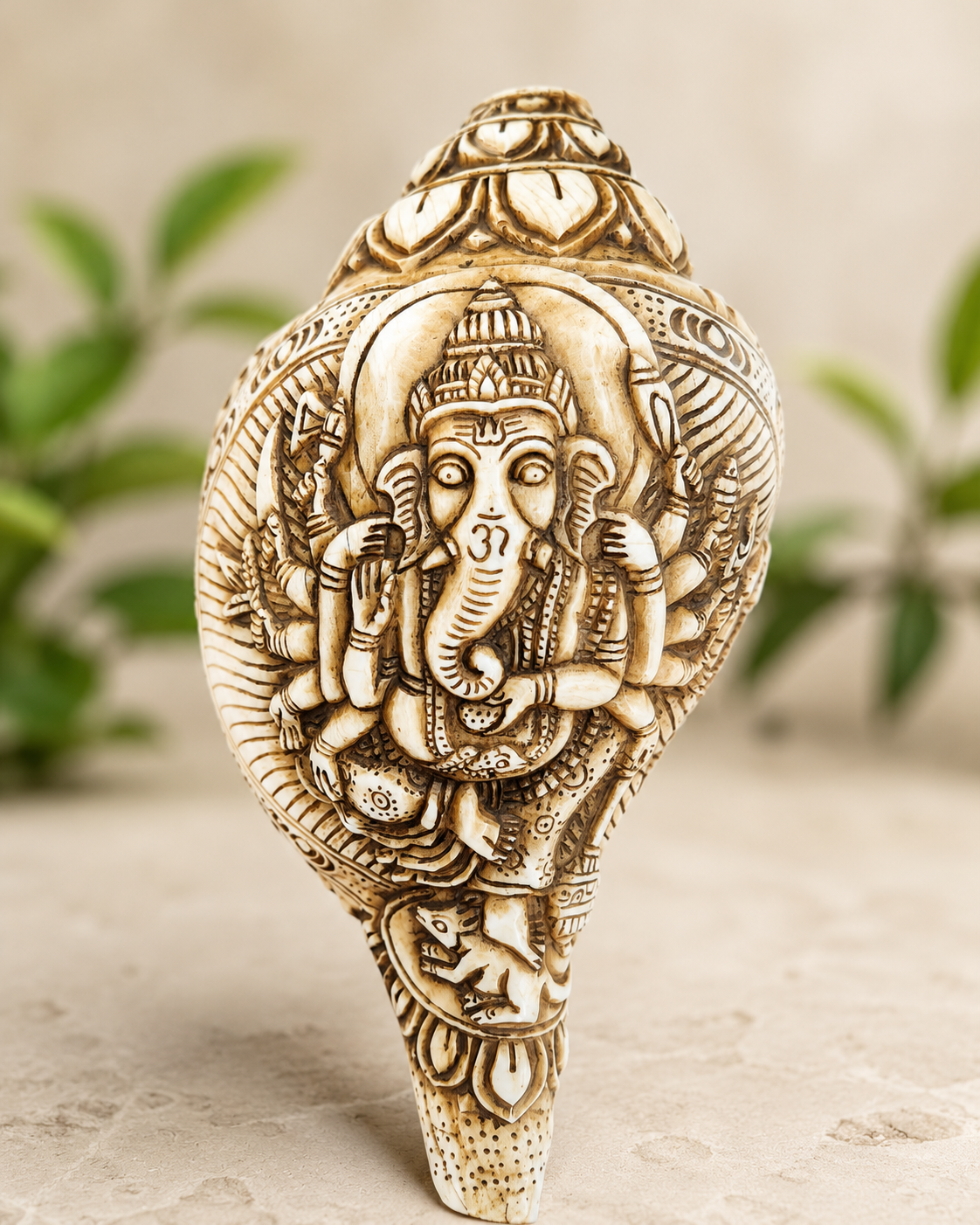 Conque sculptée à la main – Ganesh à 14 bras – Népal