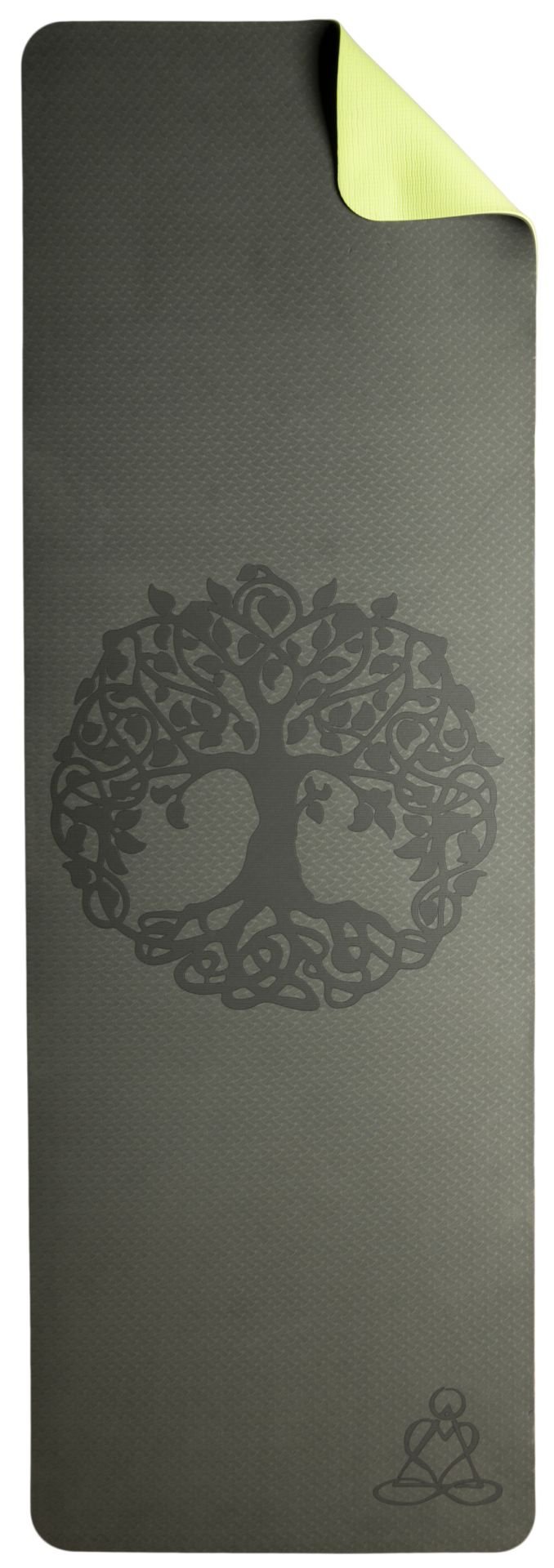 Tapis de yoga écologique en TPE - vert foncé/vert clair avec l'Arbre de Vie