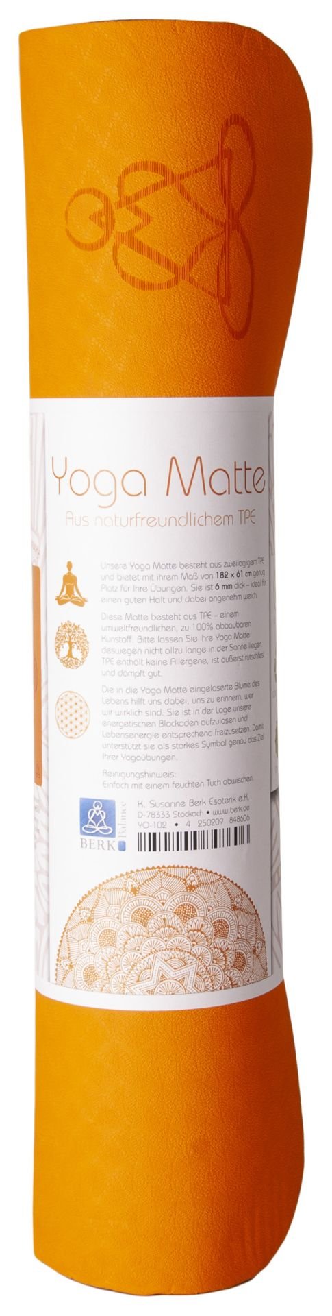 Tapis de yoga écologique en TPE - orange/gris 6 mm double couche avec Fleur de Vie