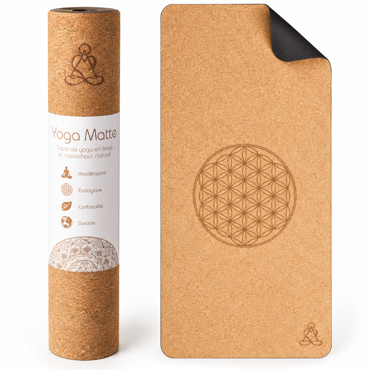 Tapis de yoga en liège avec motif Fleur de Vie