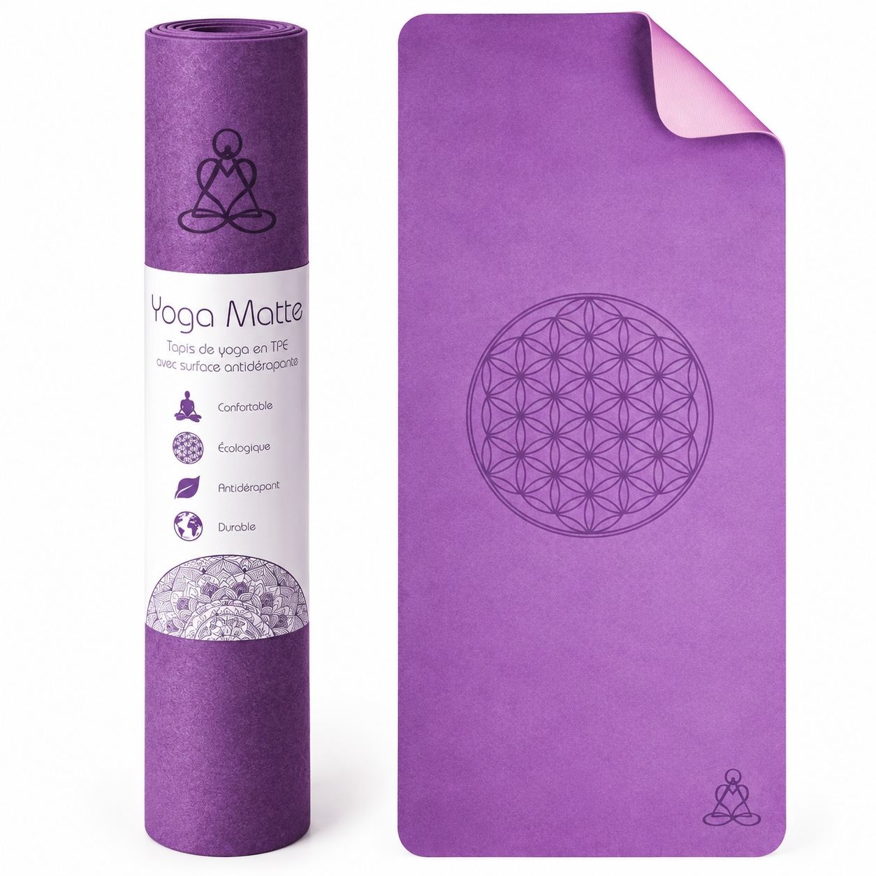 Tapis de yoga écologique en TPE - violet foncé/violet clair 6 mm double couche avec Fleur de Vie