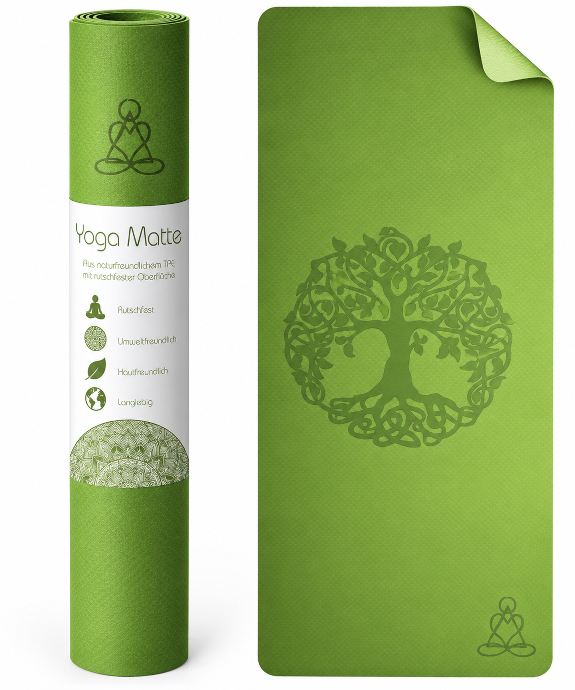Tapis de yoga écologique en TPE - vert clair/gris avec l'Arbre de Vie