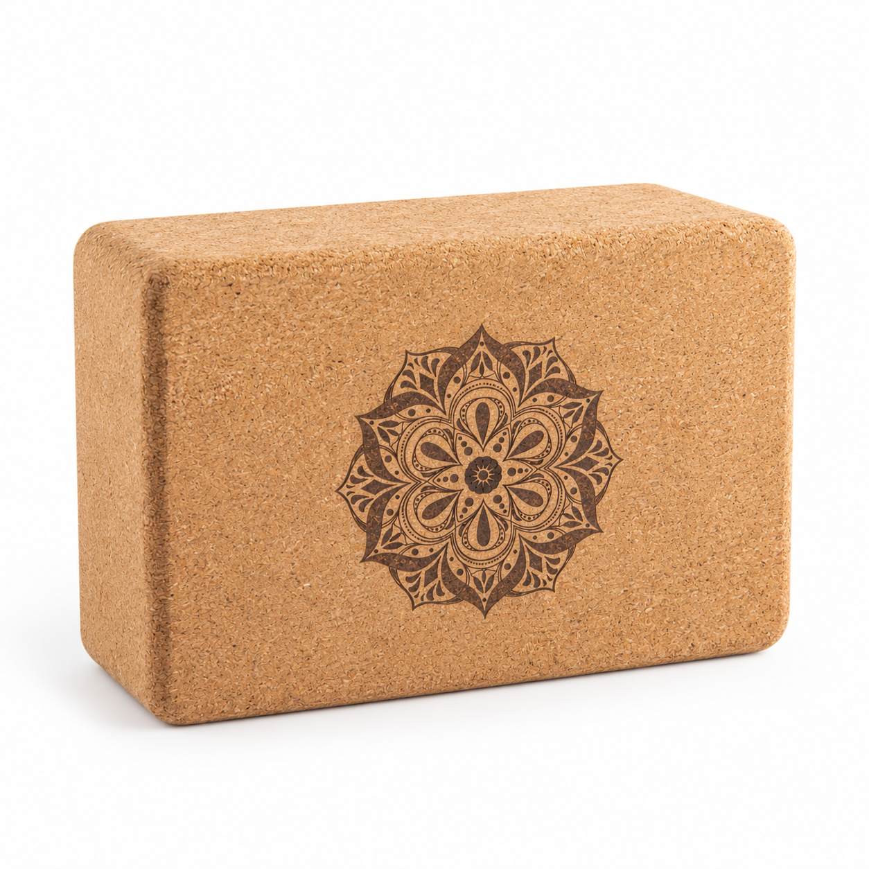 Petit bloc de yoga en liège avec la Fleur de Vie et le Mandala