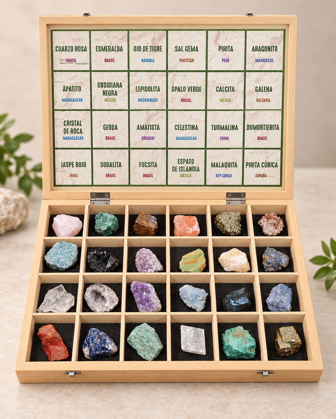 Coffret collection de 24 minéraux – boîte en bois