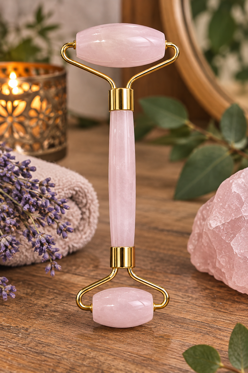 Roller visage en quartz rose – double embout