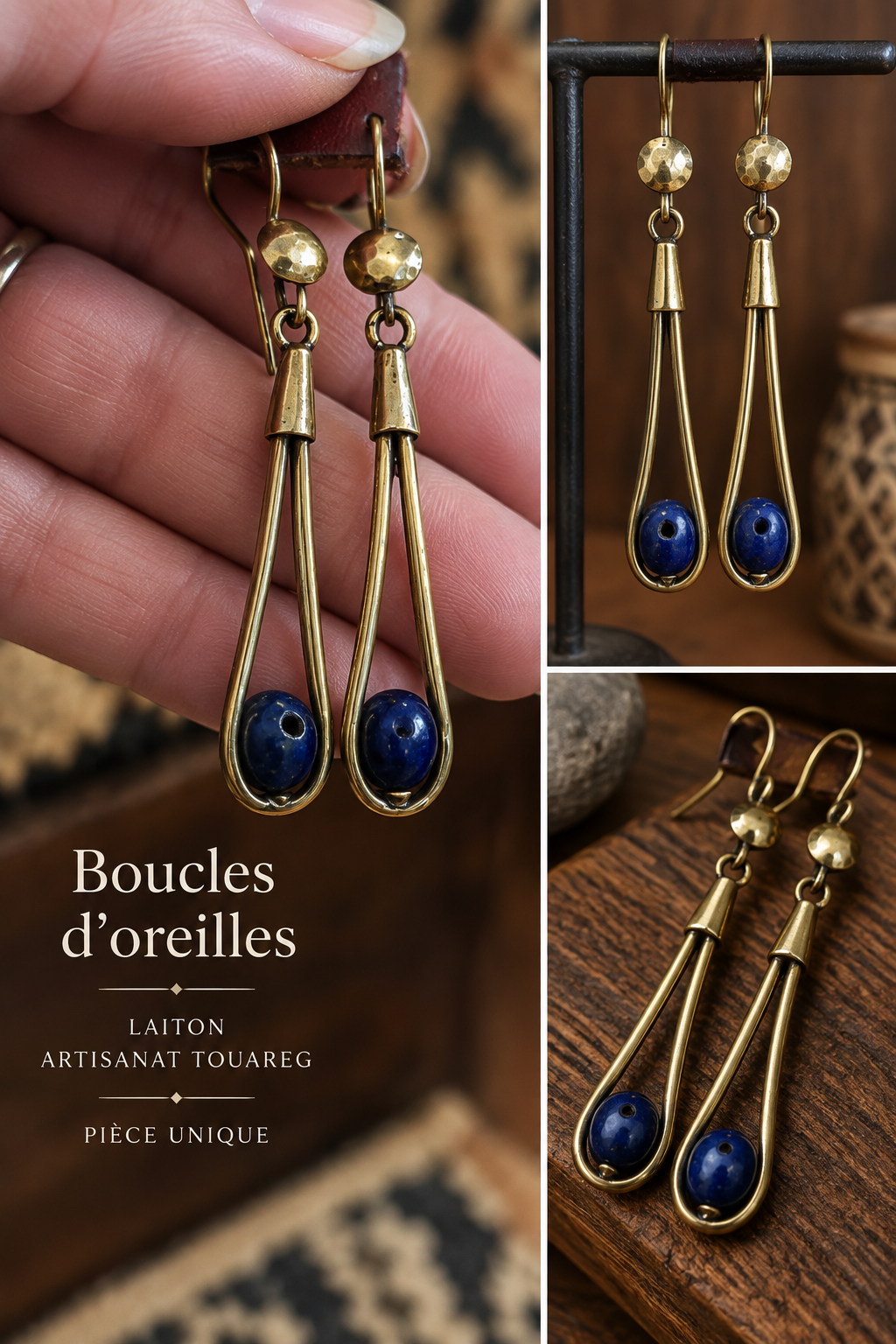 Boucles d’oreilles en laiton et Lapis Lazuli – Artisanat touareg - AK8