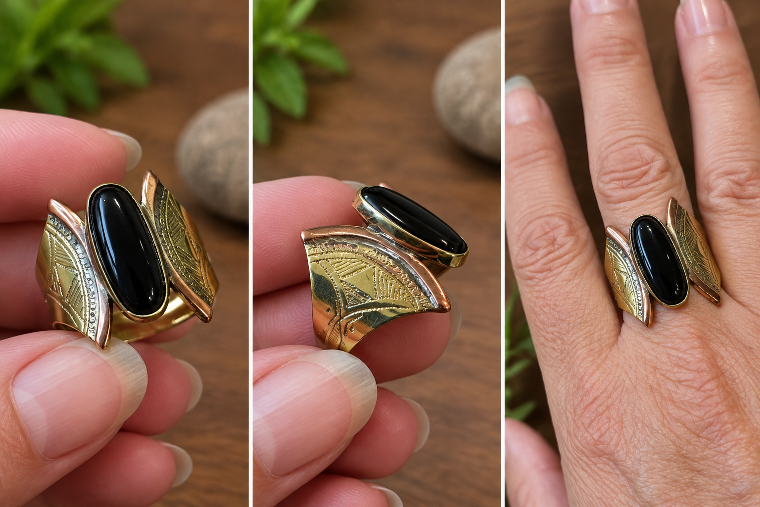 Bague touareg en laiton cuivre et onyx – Pièce unique - AK13