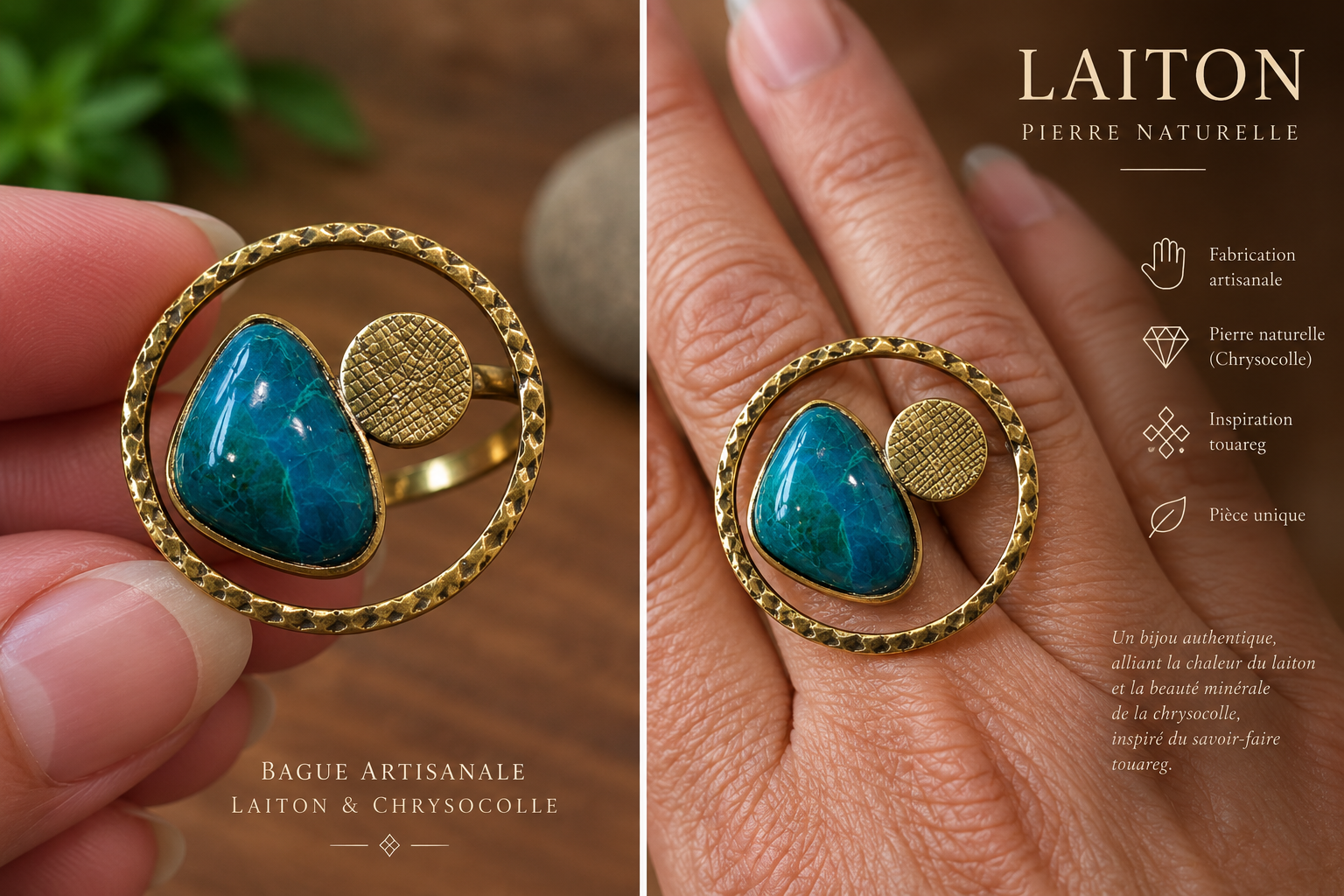 Bague artisanale en laiton et chrysocolle – Pièce unique - F01