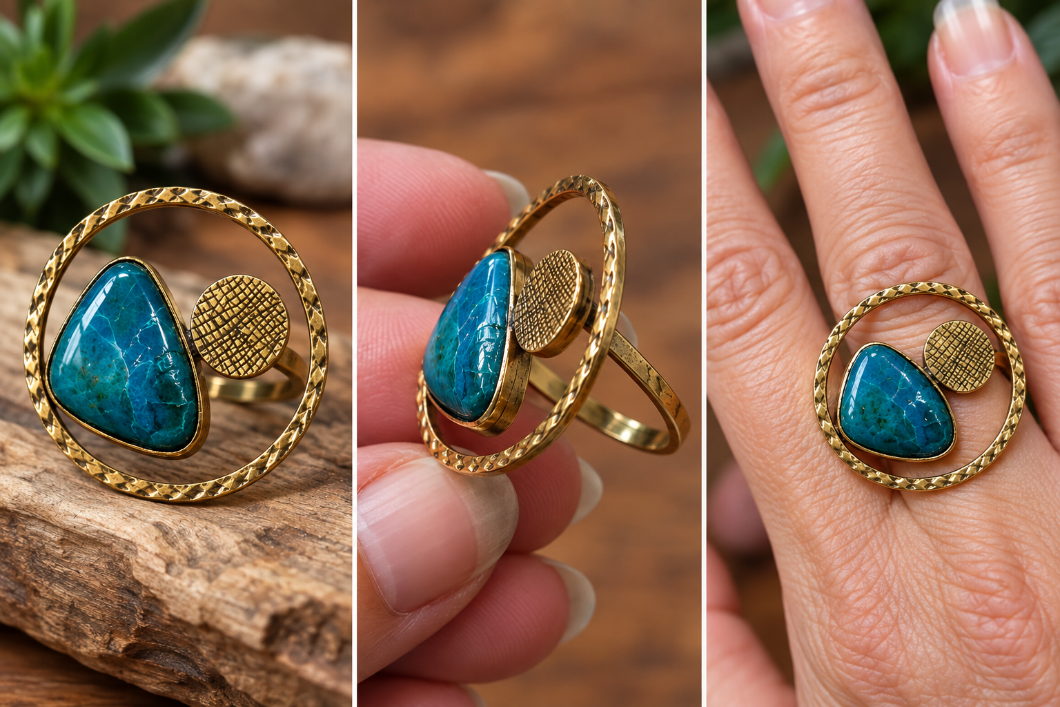 Bague artisanale en laiton et chrysocolle – Pièce unique - F01