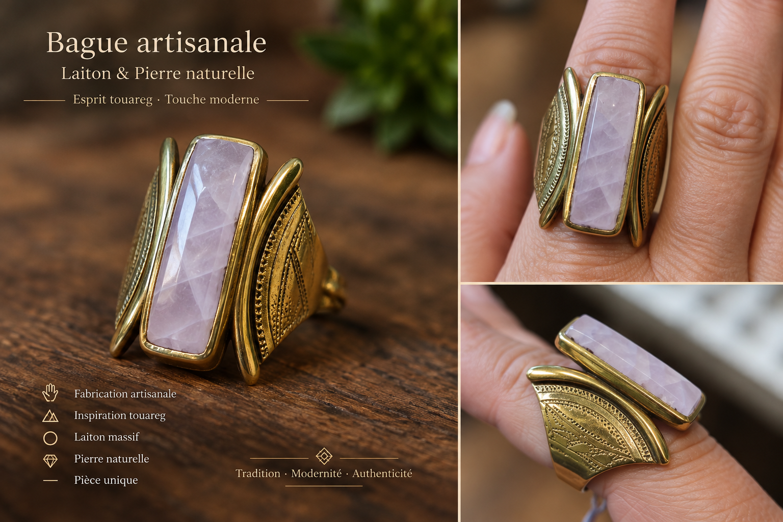 Bague en laiton et kunzite – artisanat touareg  F03