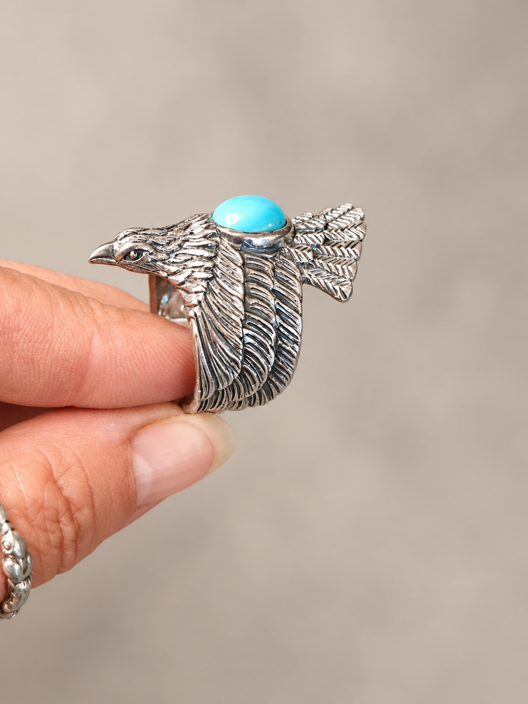 Bague aigle en argent et turquoise  Taille 64.5