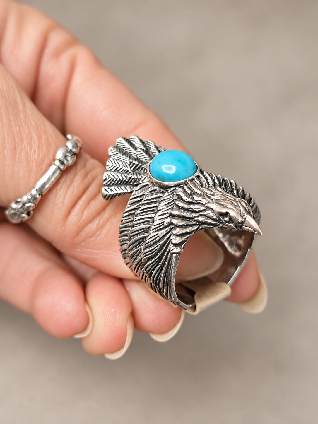 Bague aigle en argent et turquoise  Taille 64.5