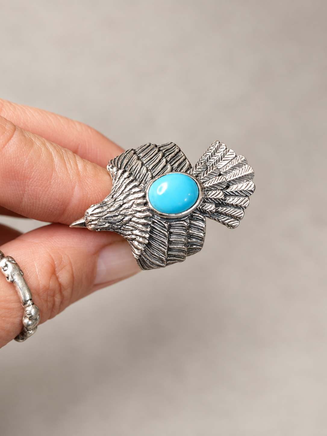 Bague aigle en argent et turquoise  Taille 64.5