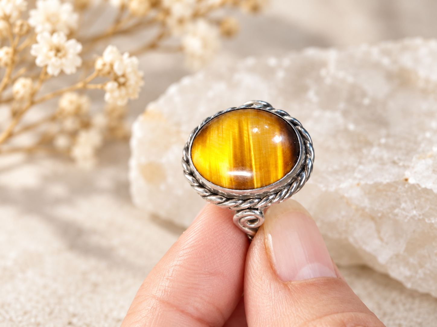 Bague vintage en argent et œil de tigre – Taille 58