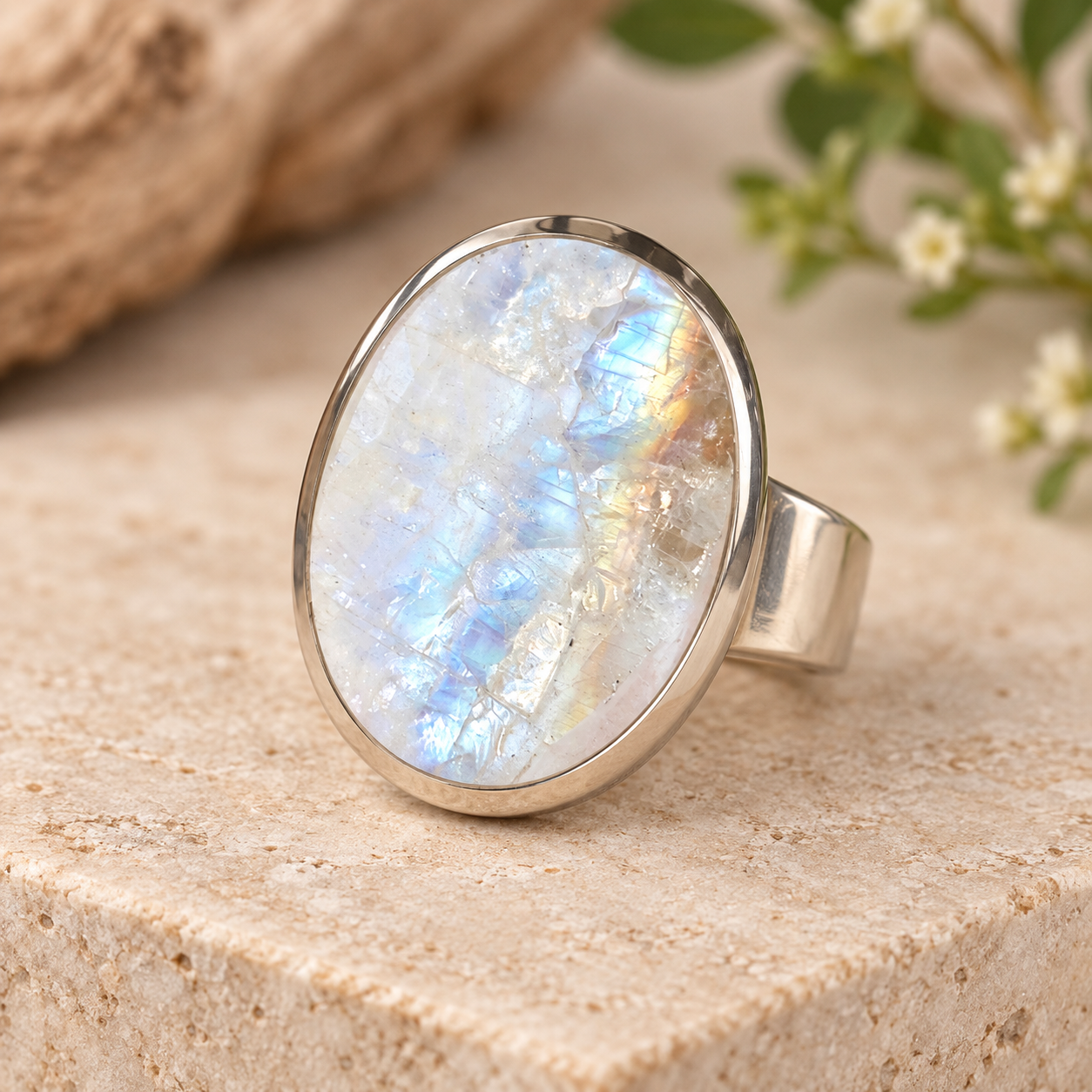Bague argent et labradorite blanche - t56