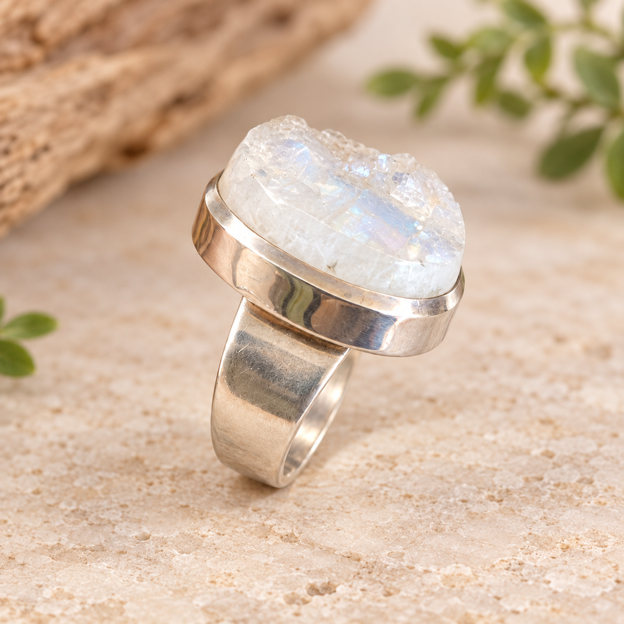 Bague argent et labradorite blanche - t56