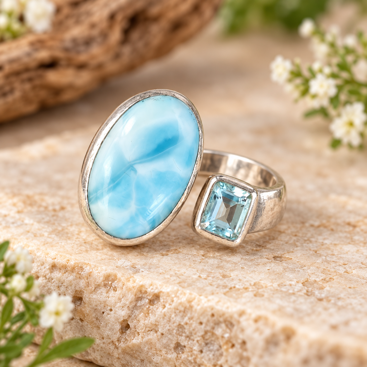 bague en argent, Larimar et Topaze Bleue
