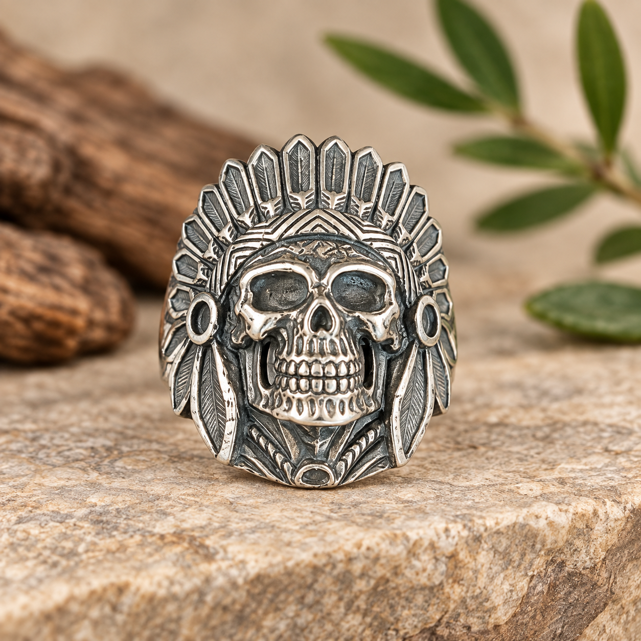 Bague crâne en argent, coiffe de plumes amérindienne.- taille 64