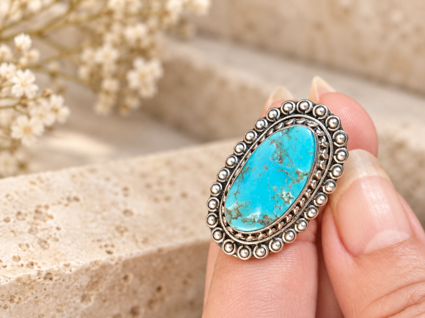 Bague vintage en argent et Turquoise - taille 51