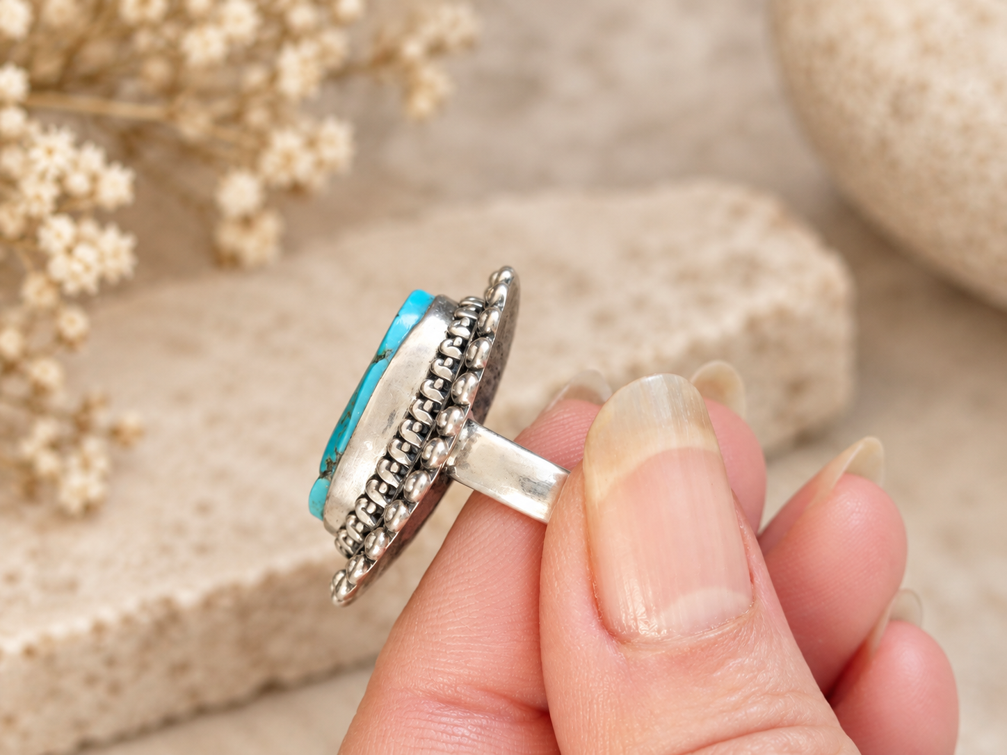 Bague vintage en argent et Turquoise - taille 51