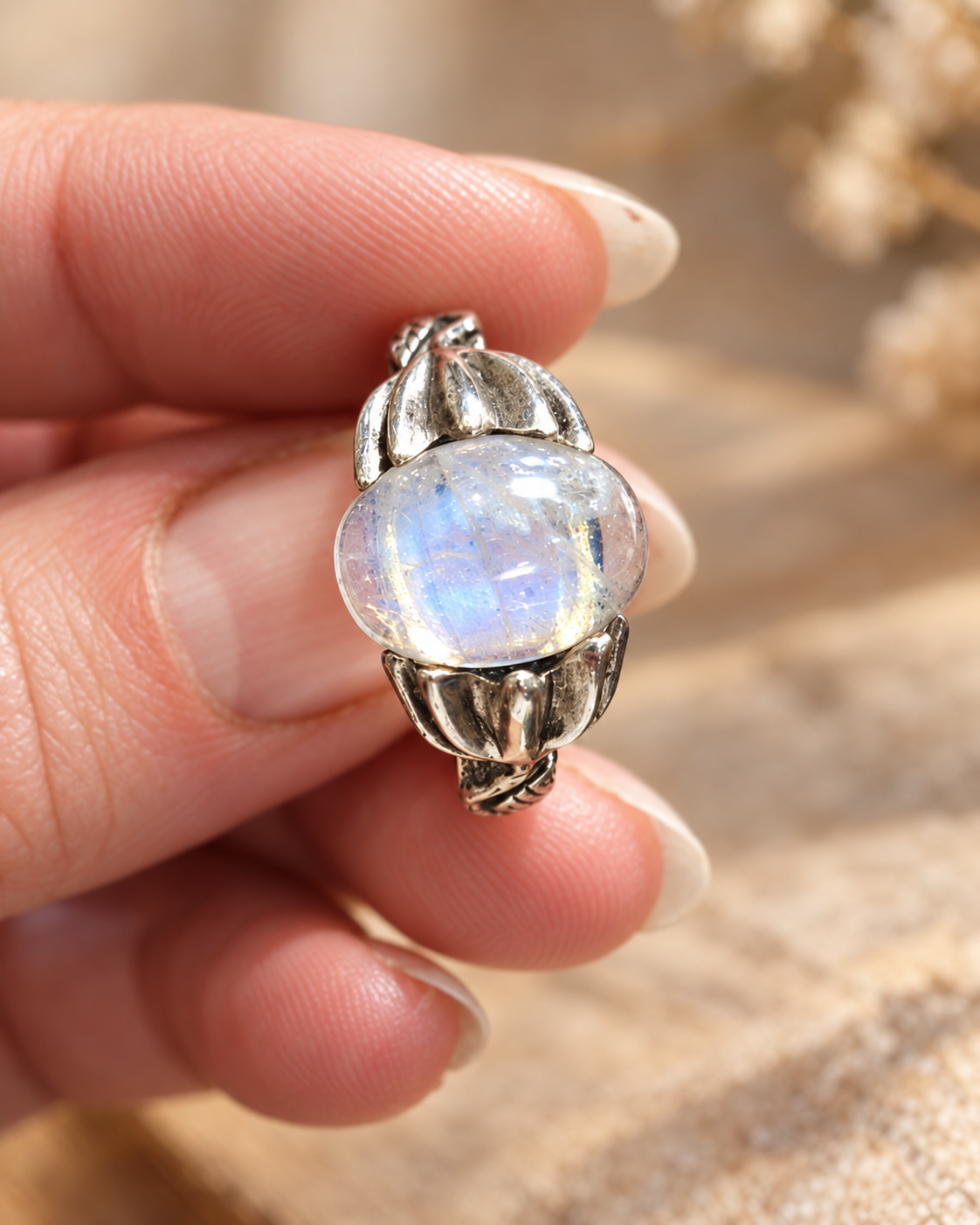 Bague en argent et labradorite blanche – Taille 59
