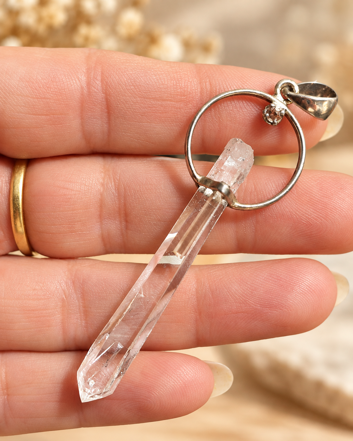 Pendentif en cristal de roche, tourmaline et grenats – Cercle en argent