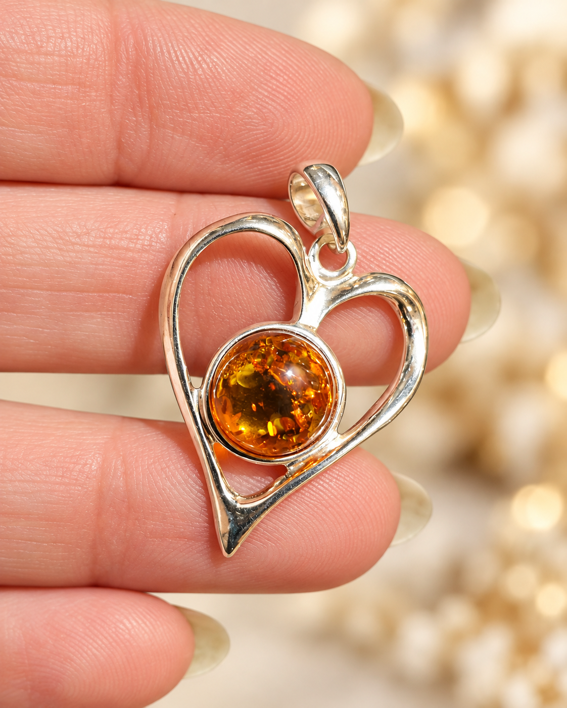 Pendentif Cœur en Argent et Ambre naturel